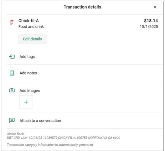 transaction tags, notes and images